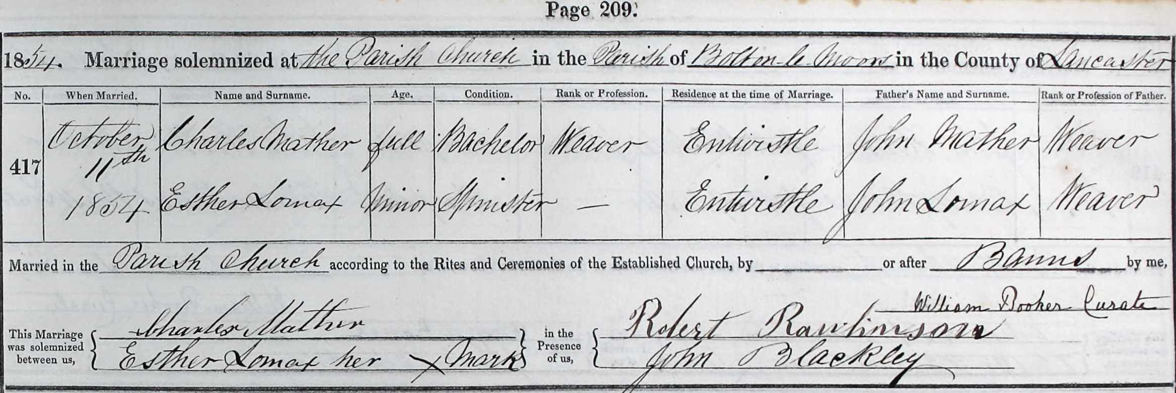 Taken on October 11th, 1854 and sourced from Certificate - Marriage.