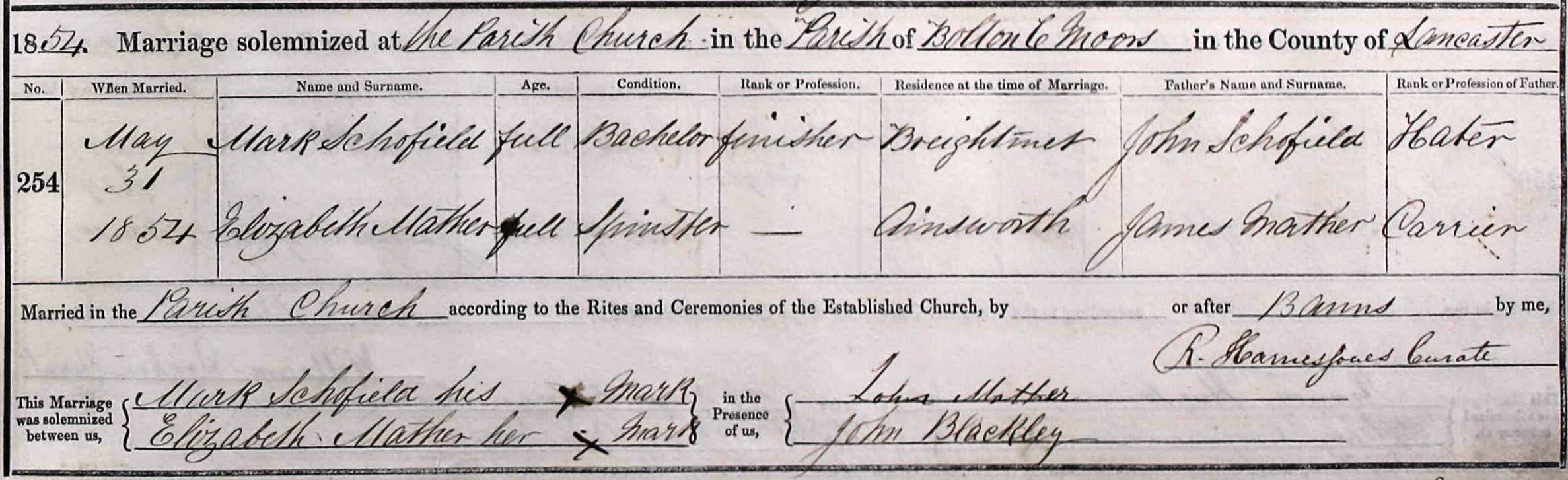 Taken on May 31st, 1854 and sourced from Certificate - Marriage.