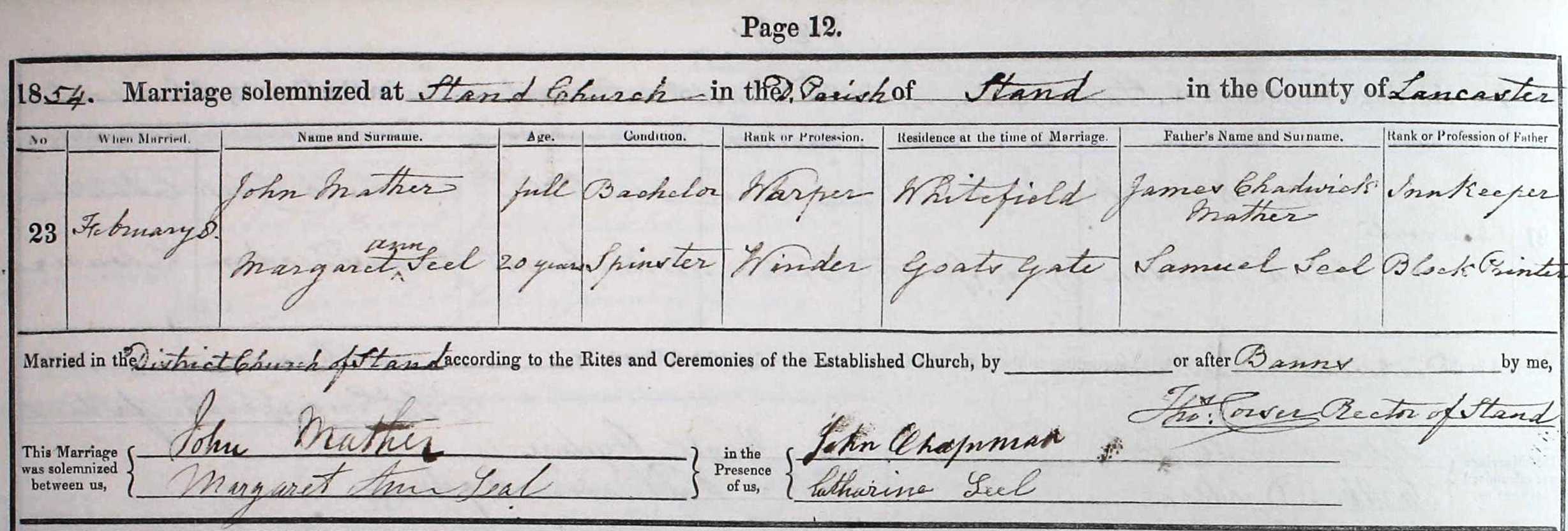 Taken on February 8th, 1854 and sourced from Certificate - Marriage.