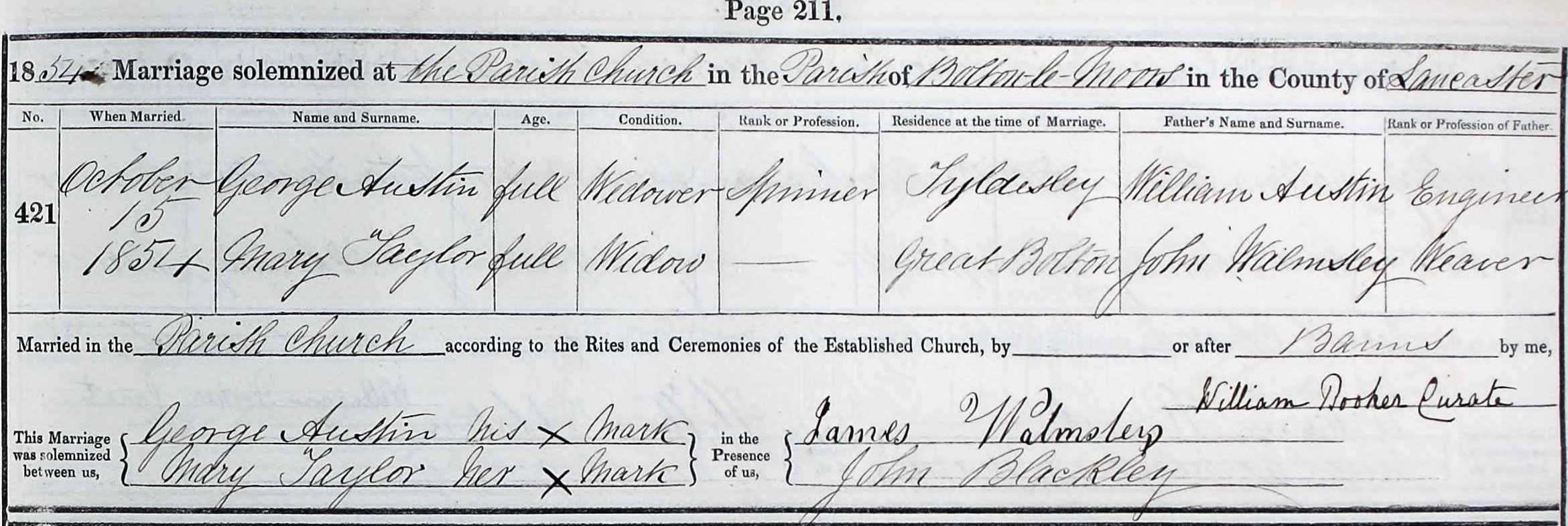 Taken on October 15th, 1854 and sourced from Certificate - Marriage.