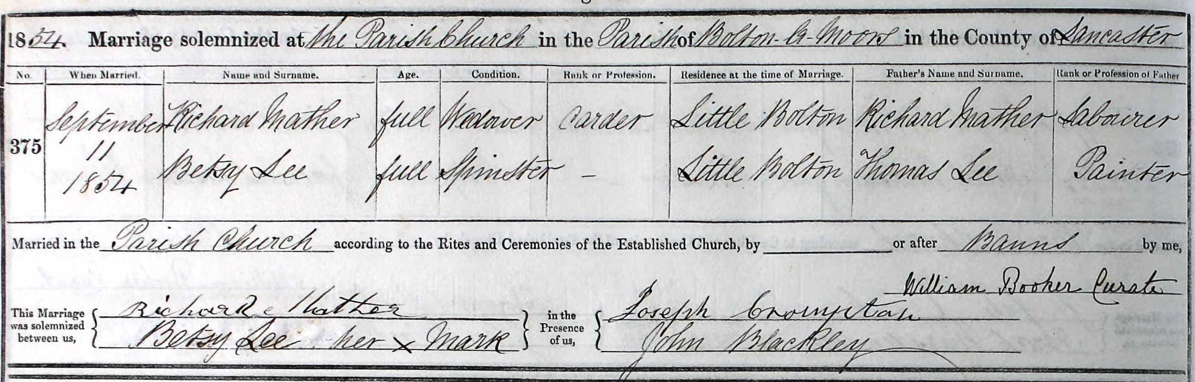 Taken in 1854 and sourced from Certificate - Marriage.