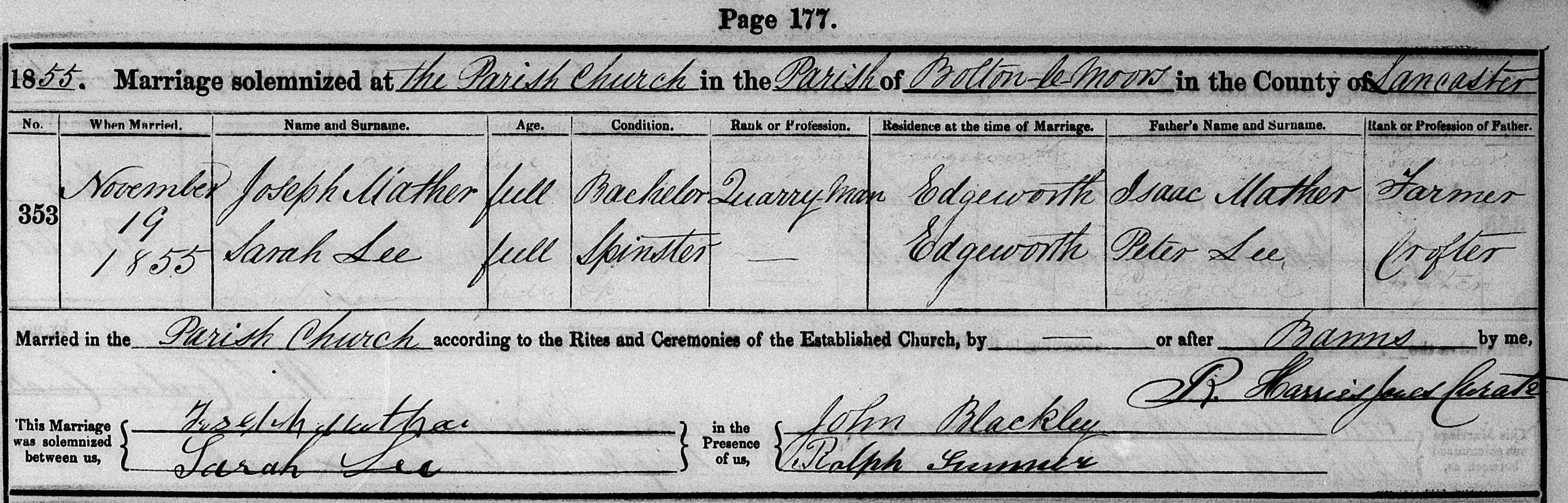 Taken on November 19th, 1855 and sourced from Certificate - Marriage.