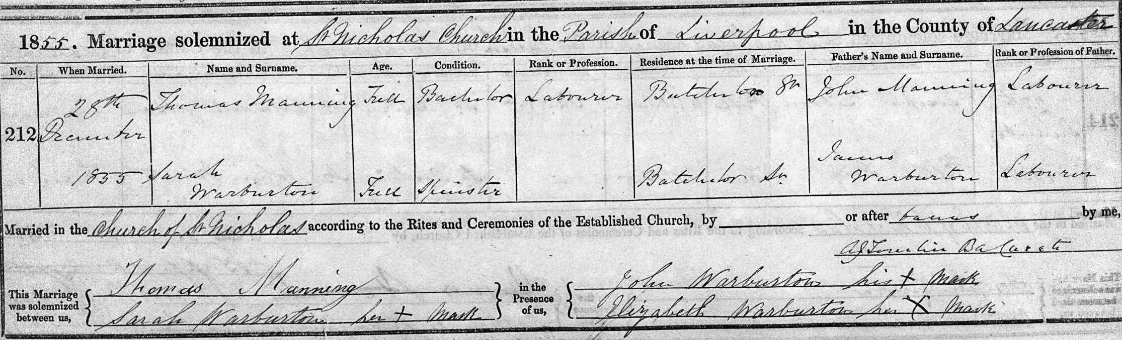 Taken on December 28th, 1855 and sourced from Certificate - Marriage.