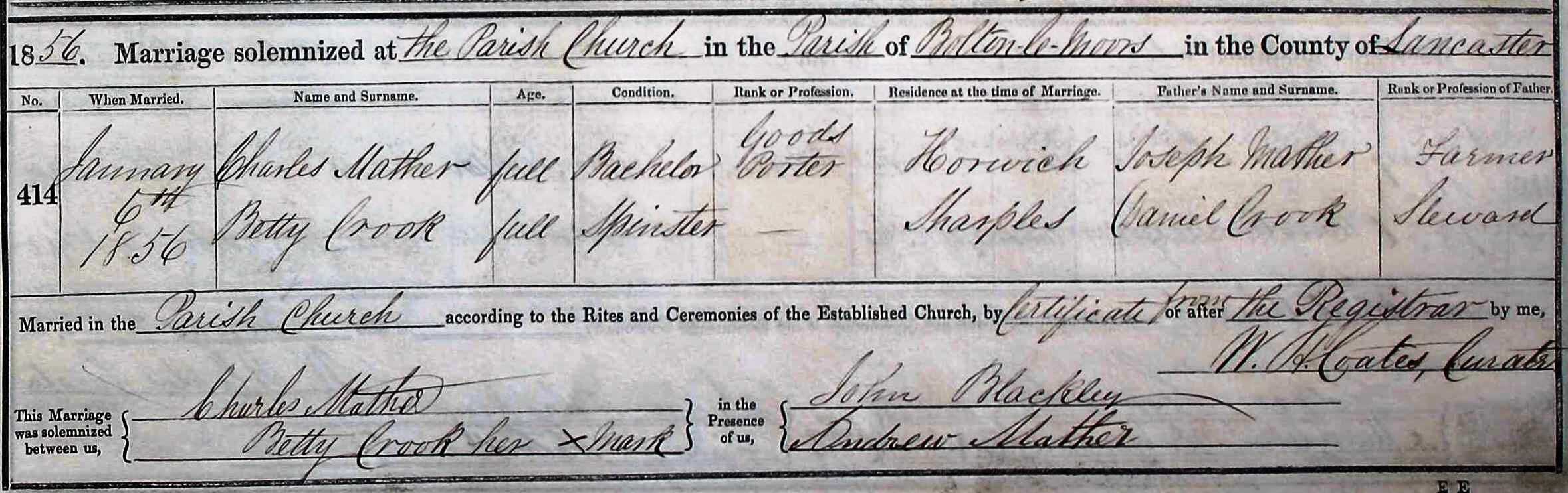 Taken on January 6th, 1856 and sourced from Certificate - Marriage.