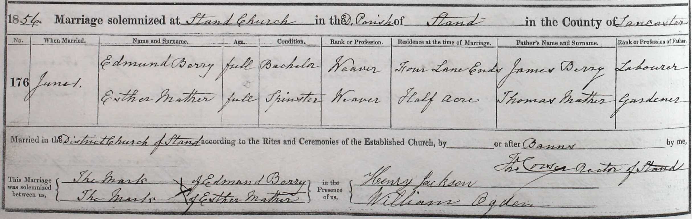 Taken on June 1st, 1856 and sourced from Certificate - Marriage.