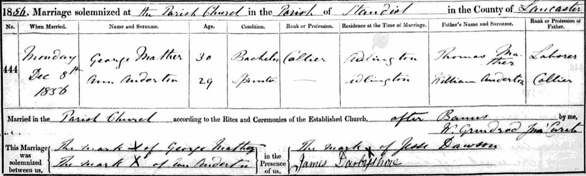 Taken on December 8th, 1856 and sourced from Certificate - Marriage.