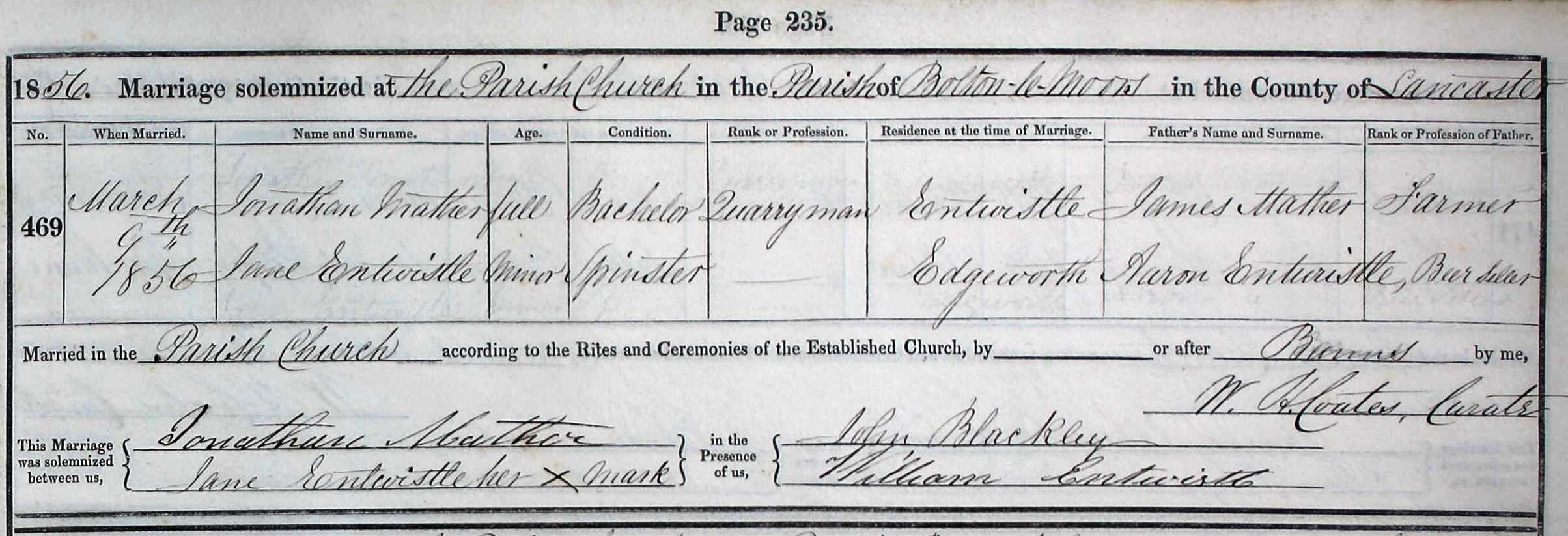 Taken on March 9th, 1856 and sourced from Certificate - Marriage.