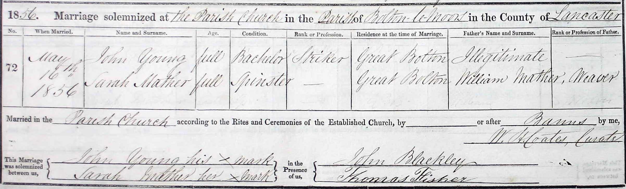 Taken on May 15th, 1856 and sourced from Certificate - Marriage.