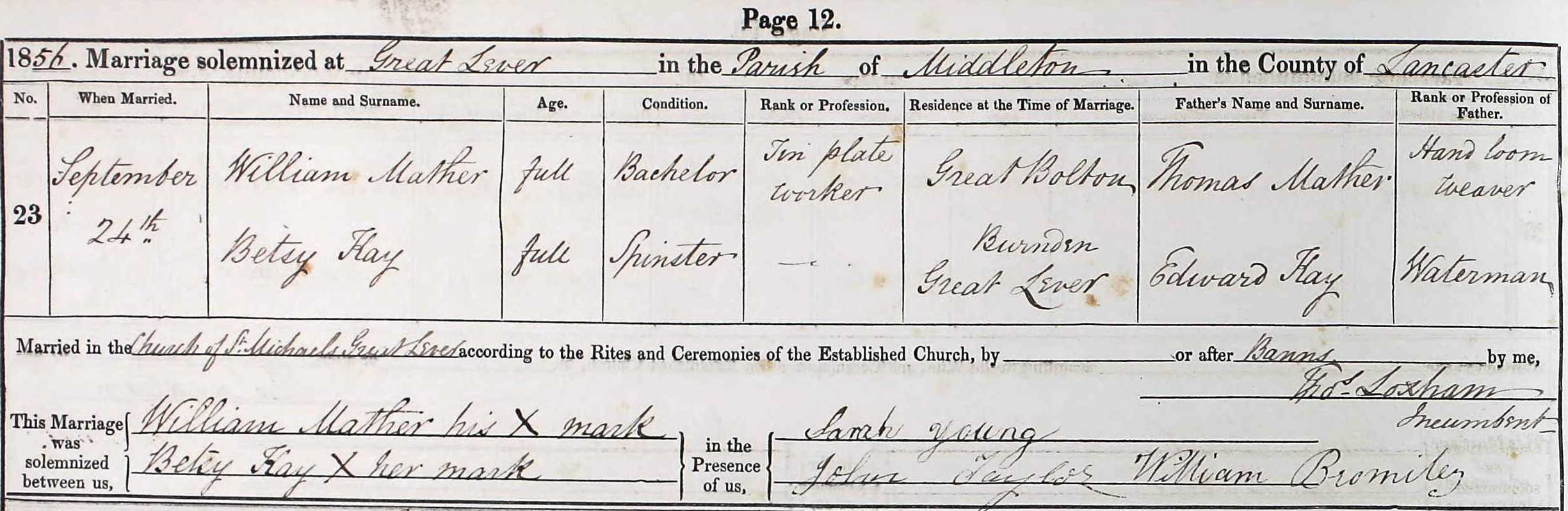 Taken on September 24th, 1856 and sourced from Certificate - Marriage.