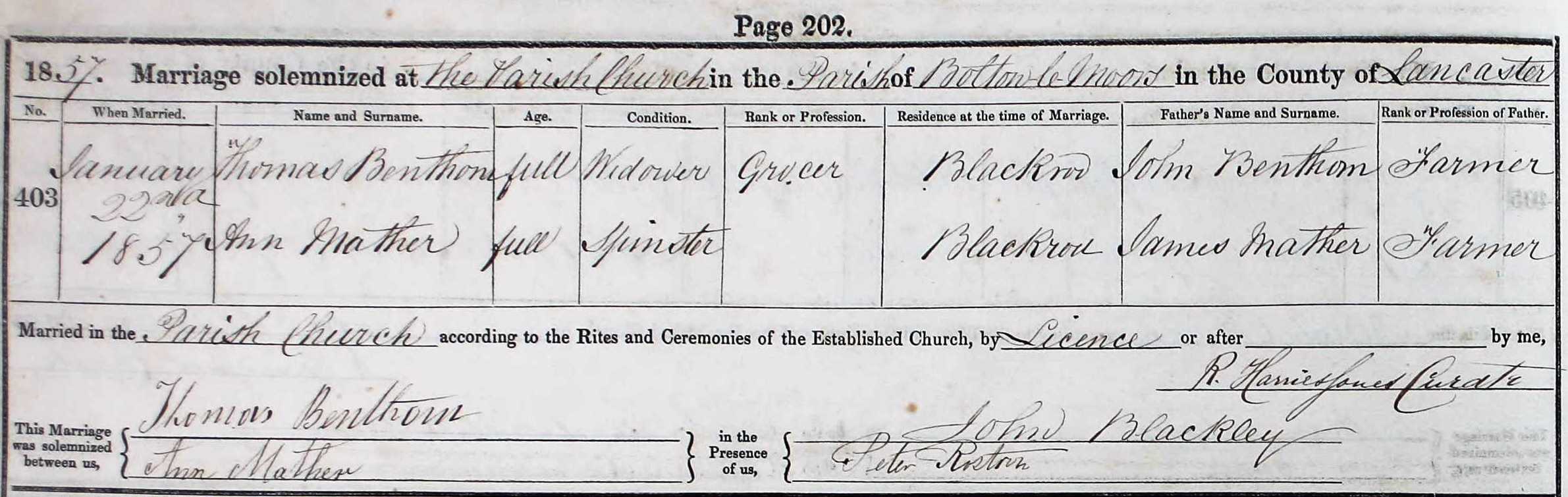 Taken on January 11th, 1857 and sourced from Certificate - Marriage.