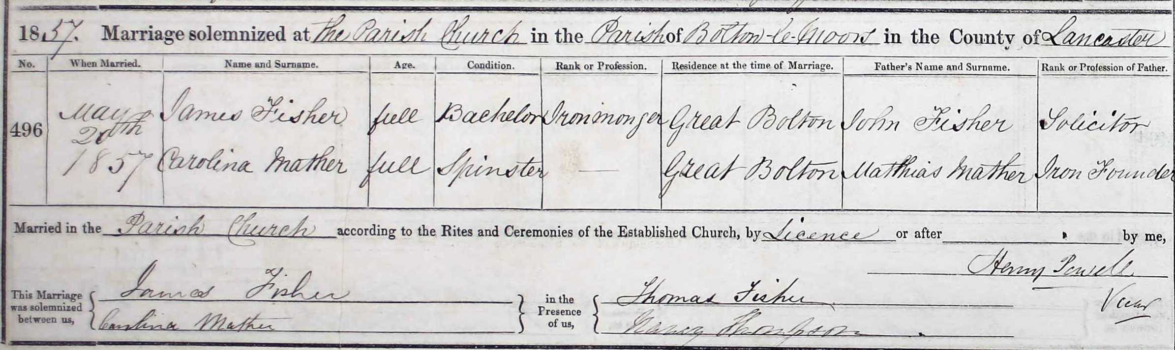 Taken on March 20th, 1857 and sourced from Certificate - Marriage.