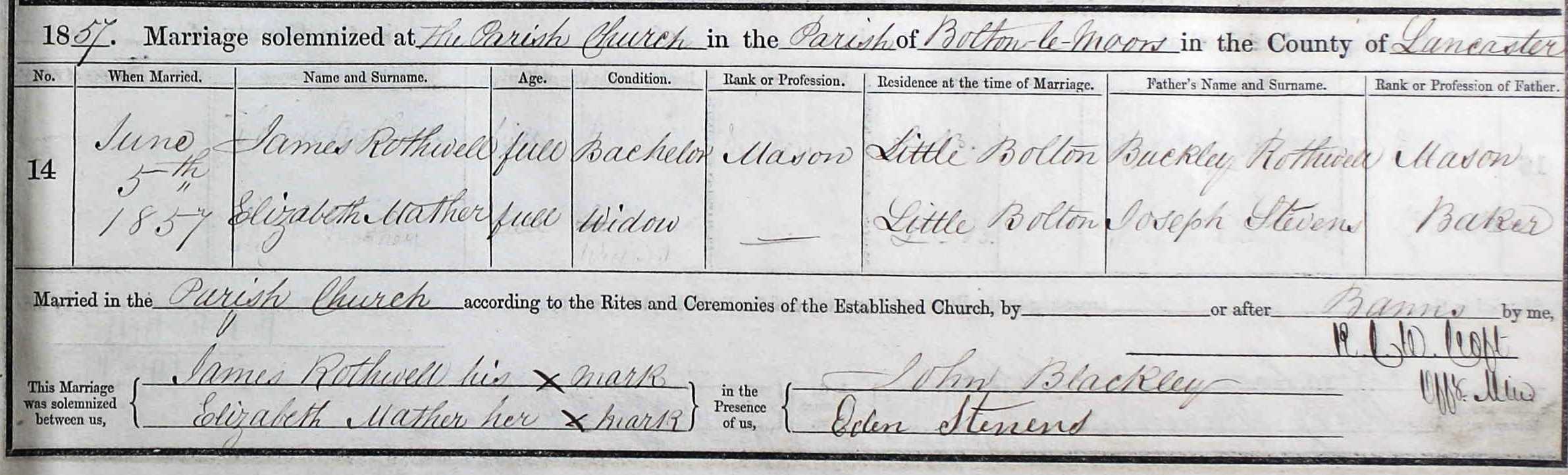 Taken on June 5th, 1857 and sourced from Certificate - Marriage.