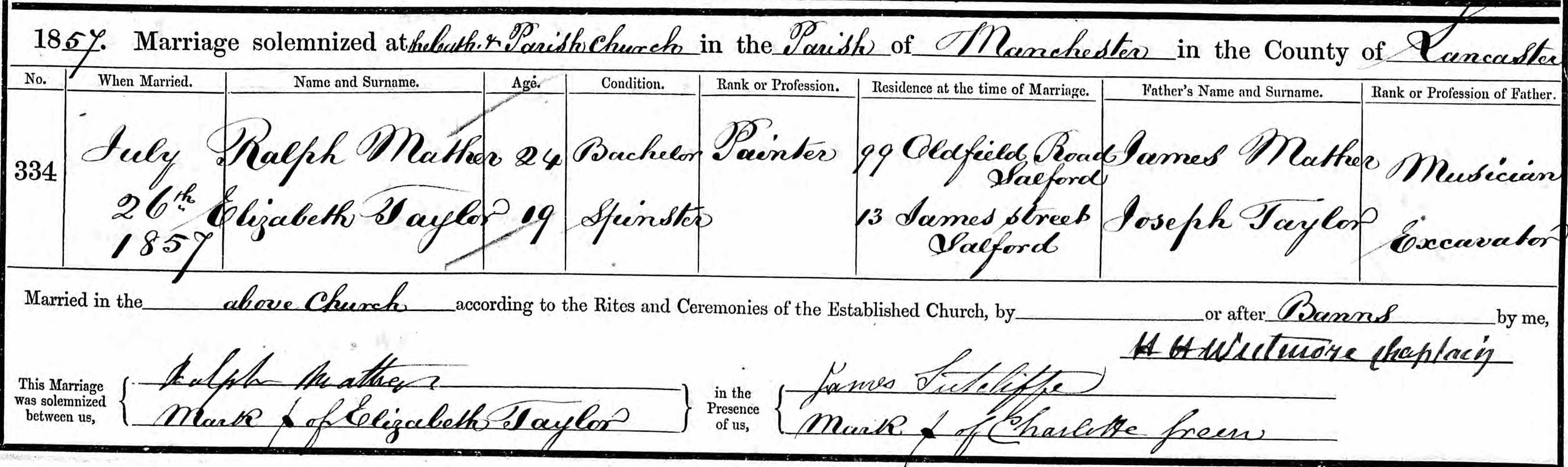 Taken on July 26th, 1857 and sourced from Certificate - Marriage.