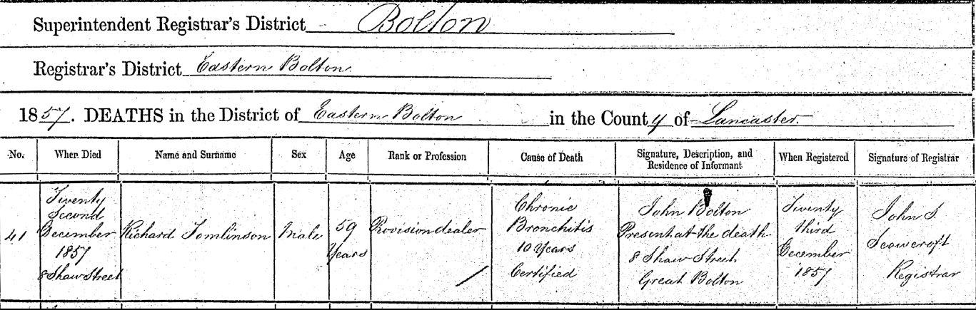 Taken on December 22nd, 1857 and sourced from Certificate - Death.