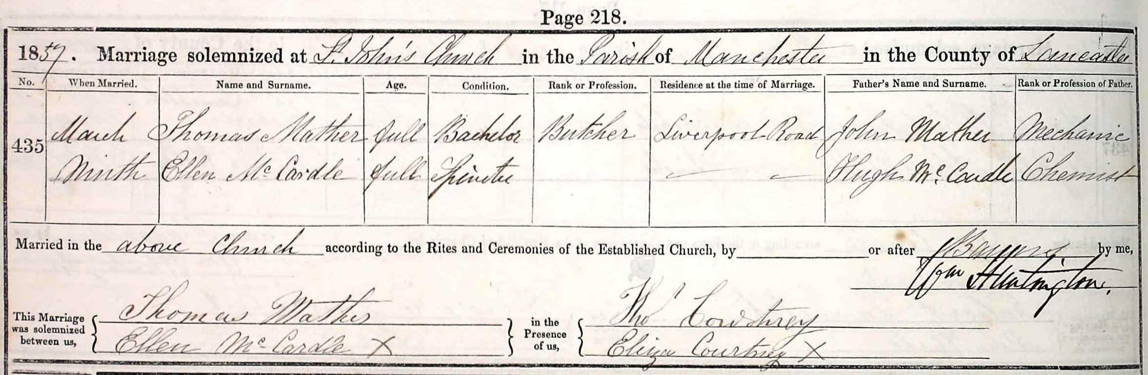 Taken on March 9th, 1857 and sourced from Certificate - Marriage.