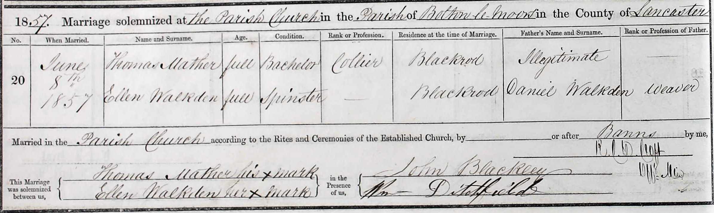 Taken on June 8th, 1857 and sourced from Certificate - Marriage.