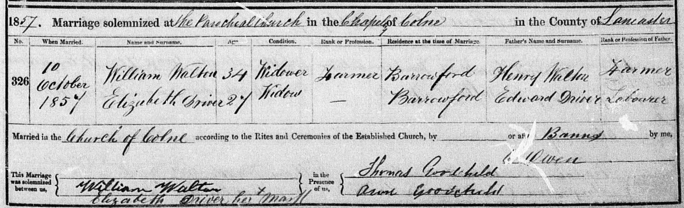 Taken on October 10th, 1857 and sourced from Certificate - Marriage.