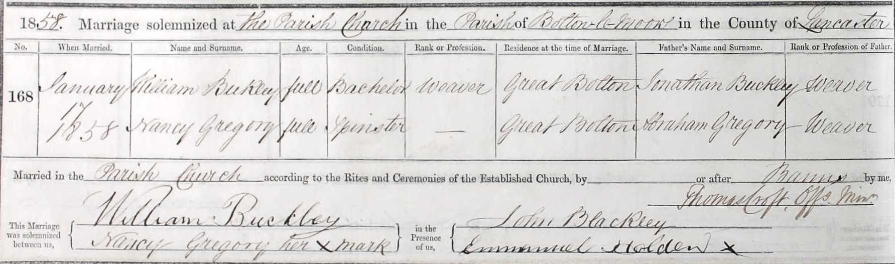 Taken on January 17th, 1858 and sourced from Certificate - Marriage.