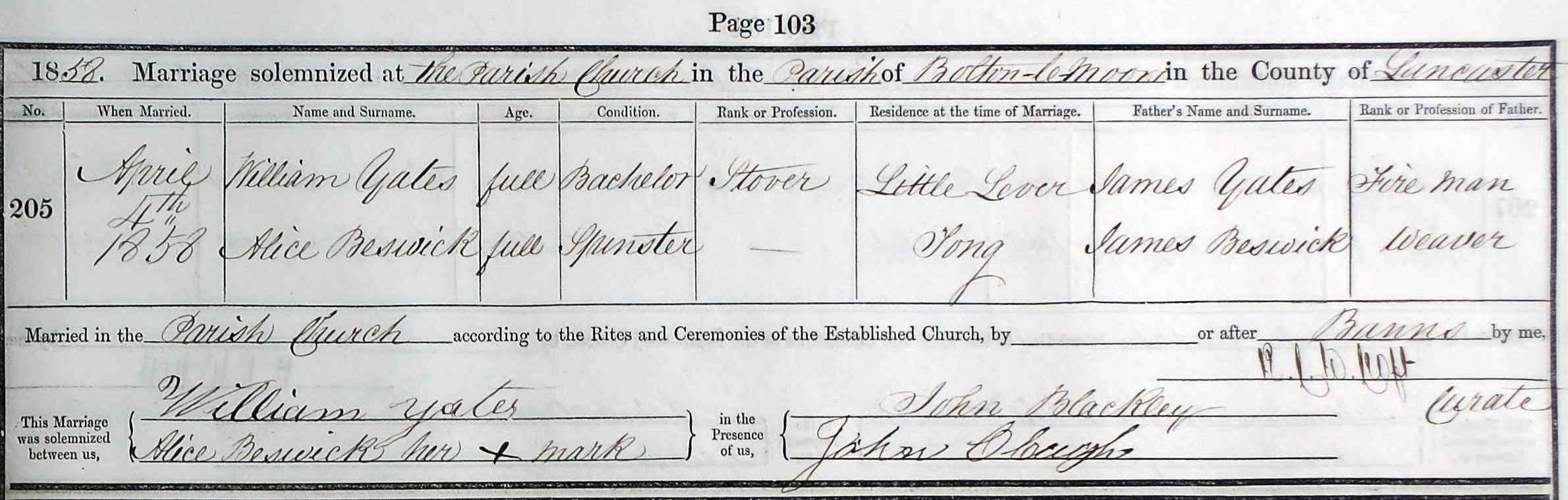 Taken on April 4th, 1858 and sourced from Certificate - Marriage.