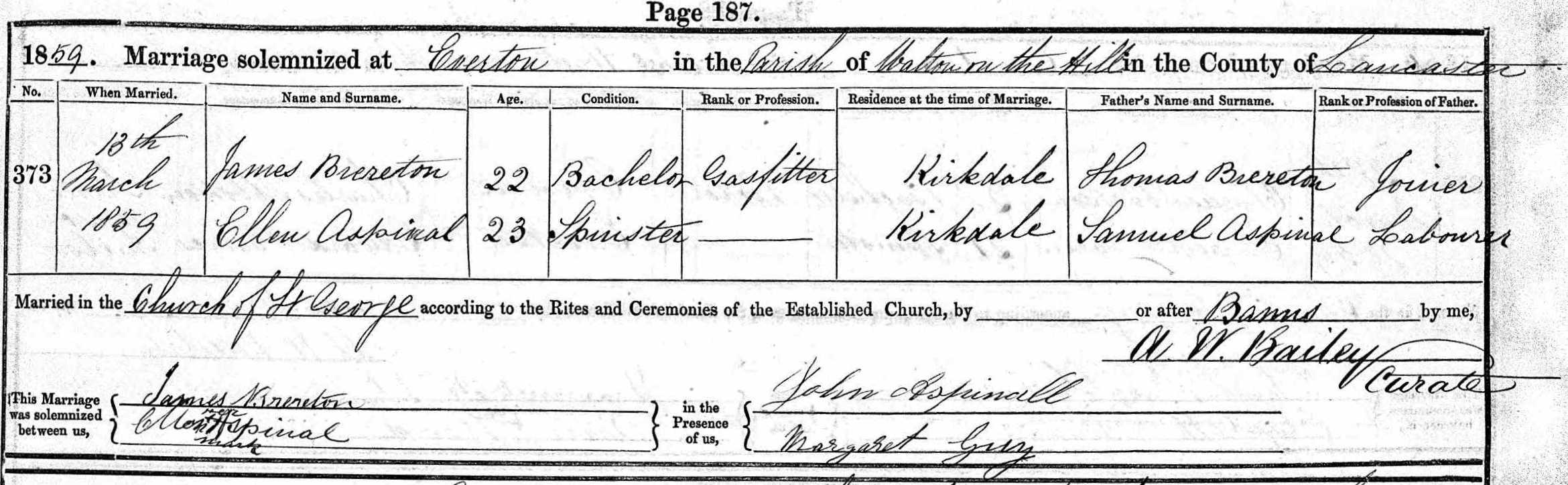 Taken on March 13th, 1859 and sourced from Certificate - Marriage.