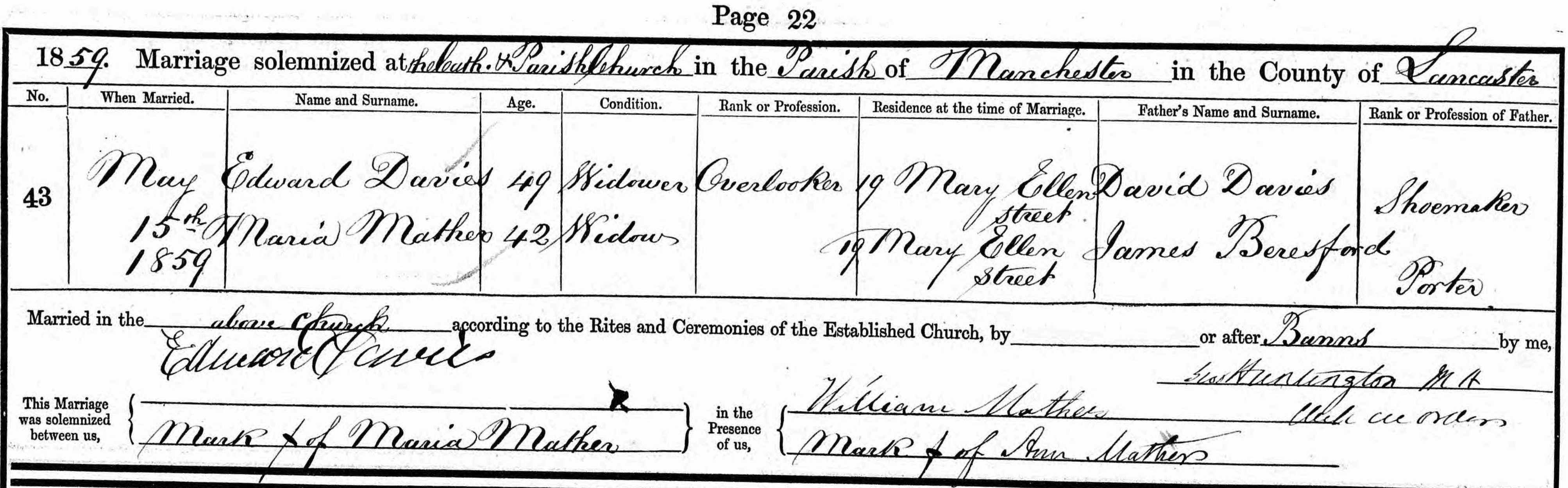 Taken on May 15th, 1859 and sourced from Certificate - Marriage.