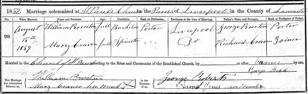 Taken on August 15th, 1859 at St. Paul (Liverpool) and sourced from Certificate - Marriage.