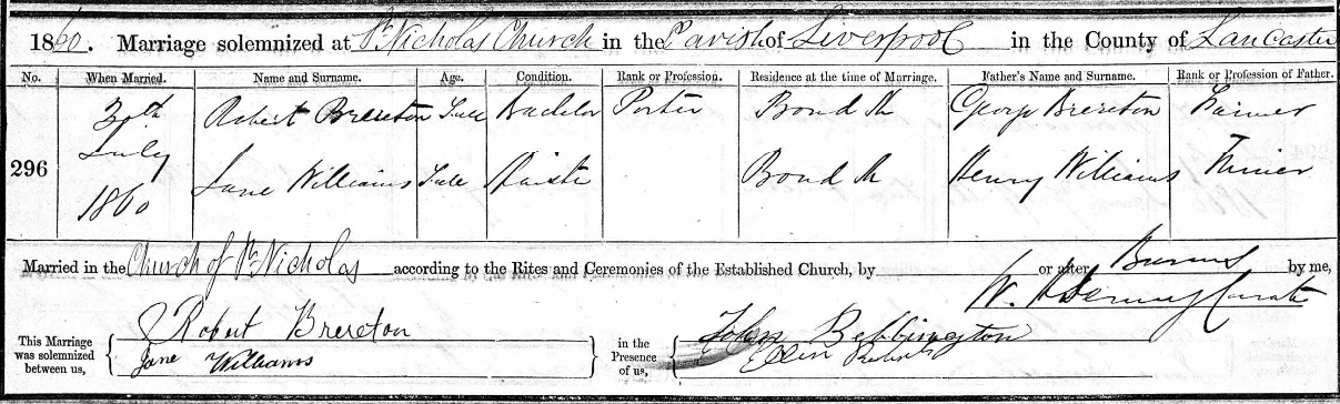 Taken on July 30th, 1860 in Liverpool and sourced from Certificate - Marriage.