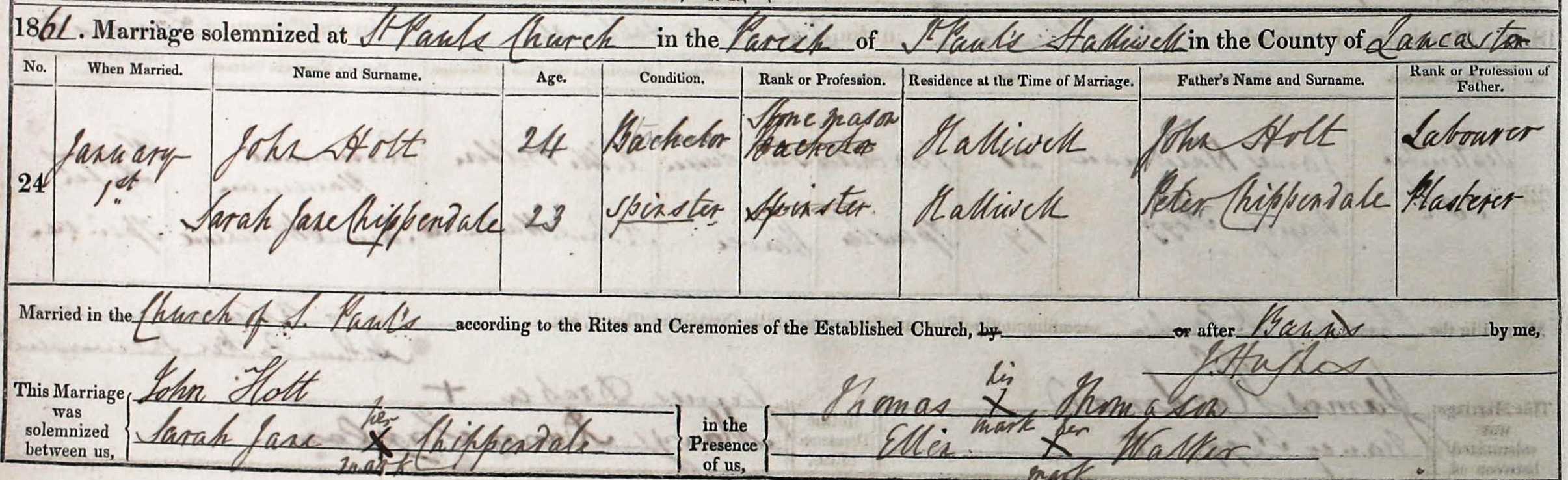 Taken on January 1st, 1861 and sourced from Certificate - Marriage.