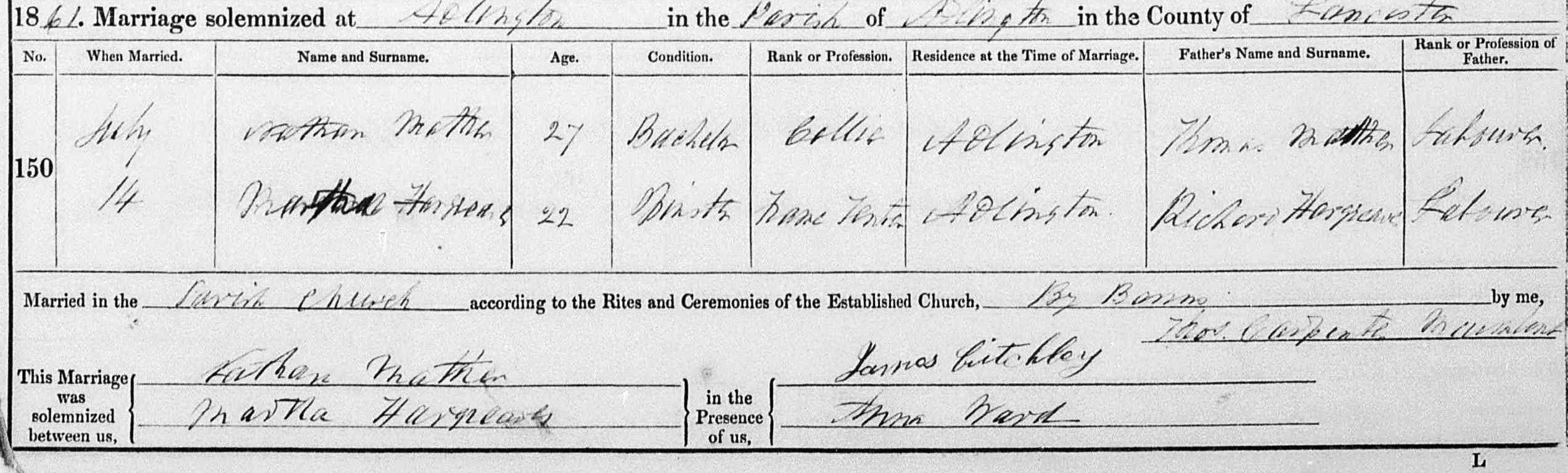 Taken on July 14th, 1861 and sourced from Certificate - Marriage.