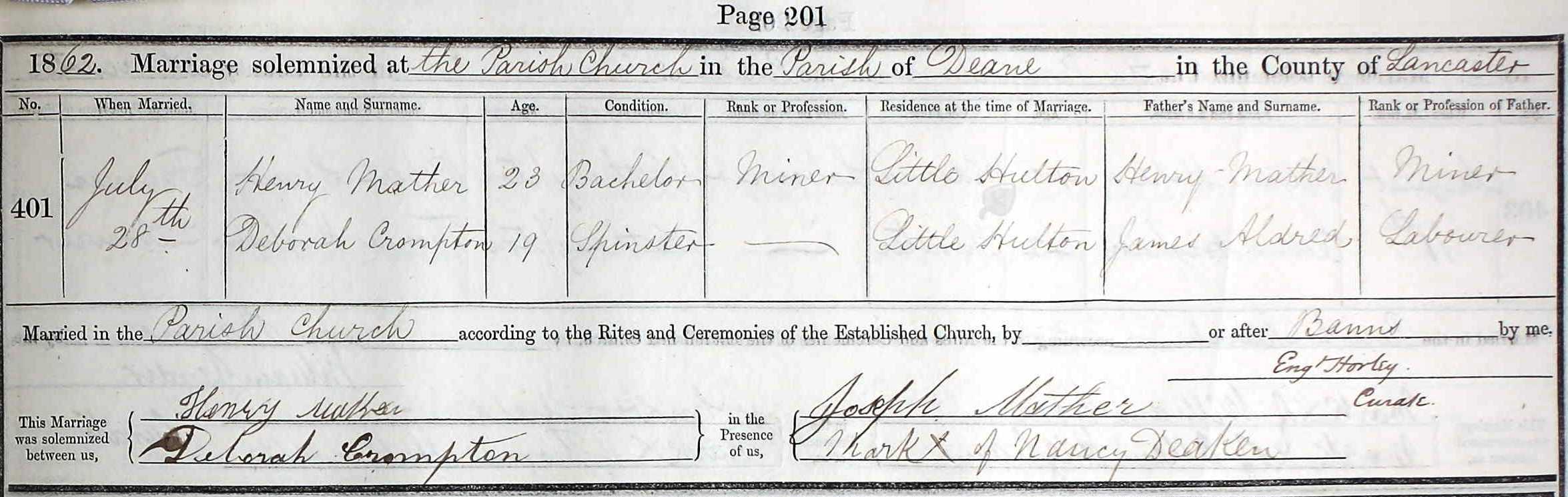 Taken on July 28th, 1862 and sourced from Certificate - Marriage.