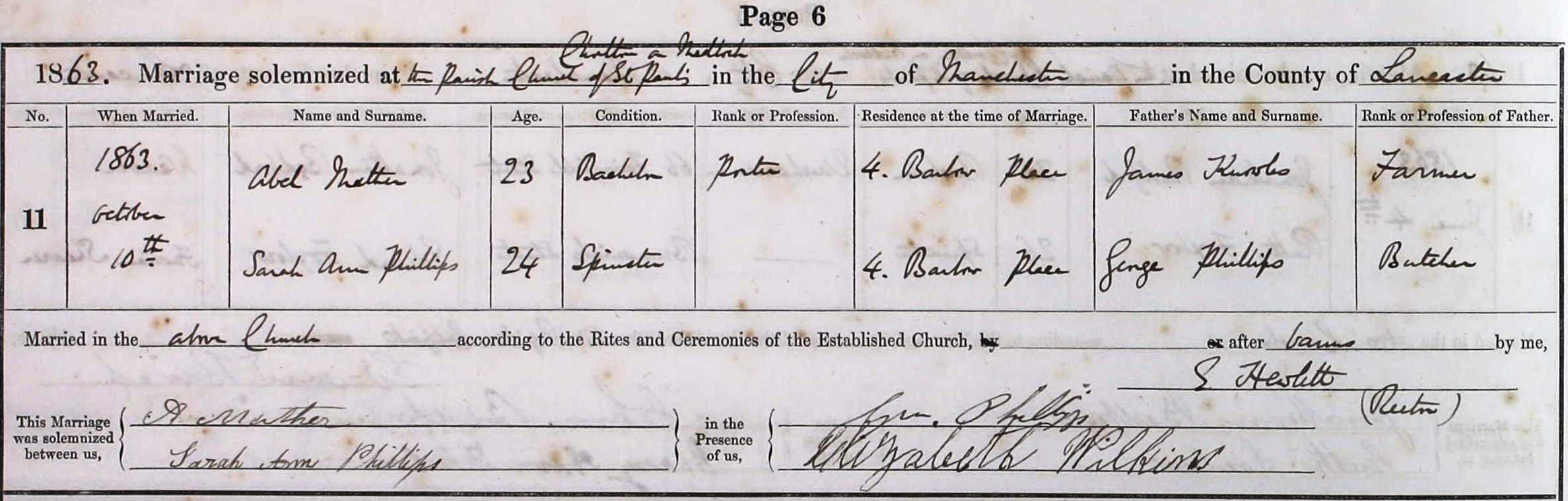 Taken on October 10th, 1863 and sourced from Certificate - Marriage.