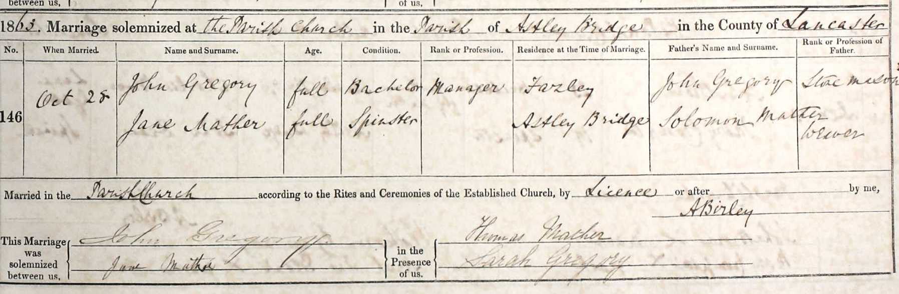 Taken on October 28th, 1863 and sourced from Certificate - Marriage.