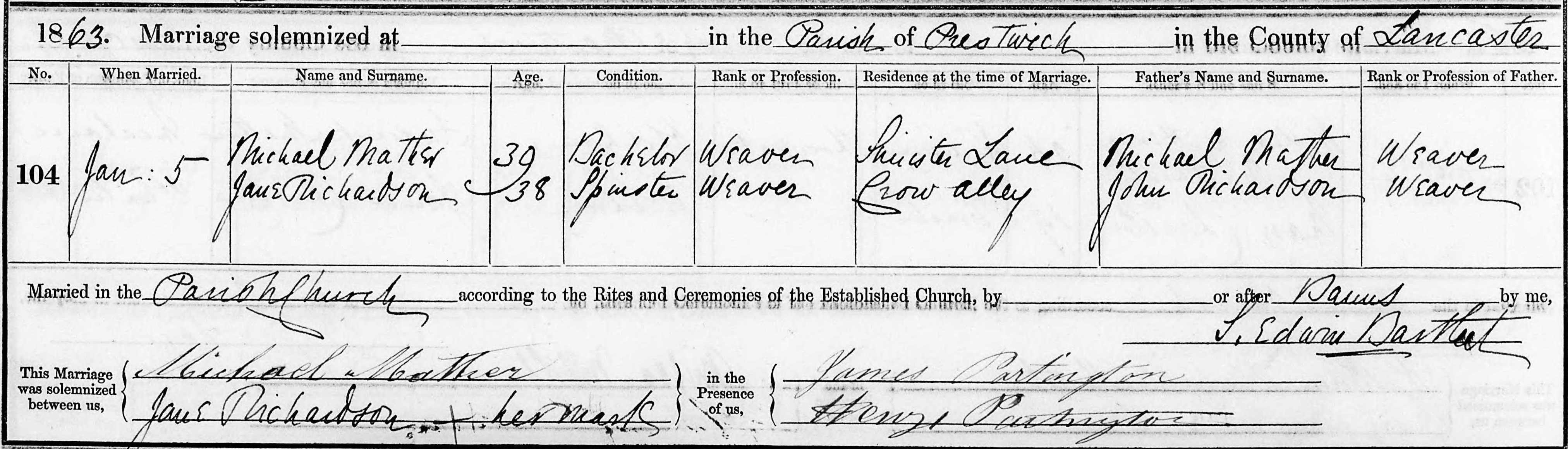 Taken on January 5th, 1863 and sourced from Certificate - Marriage.