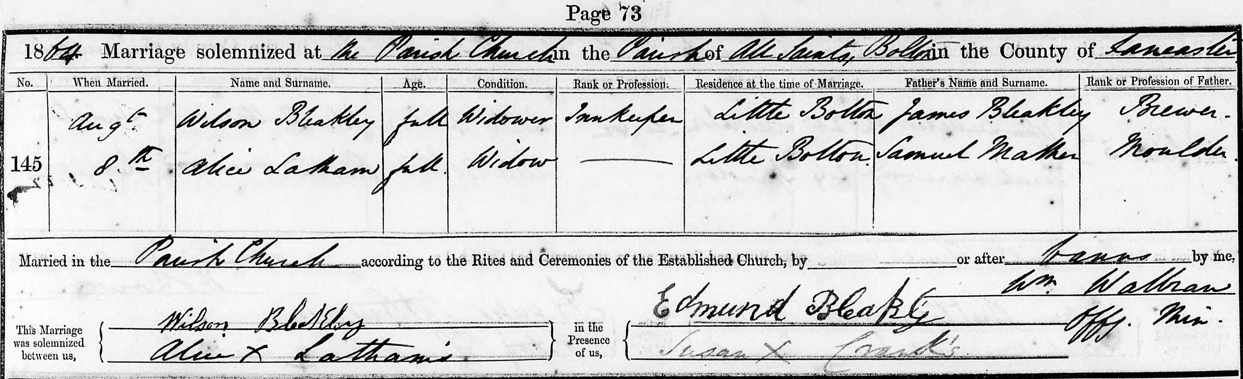 Taken on August 8th, 1864 and sourced from Certificate - Marriage.