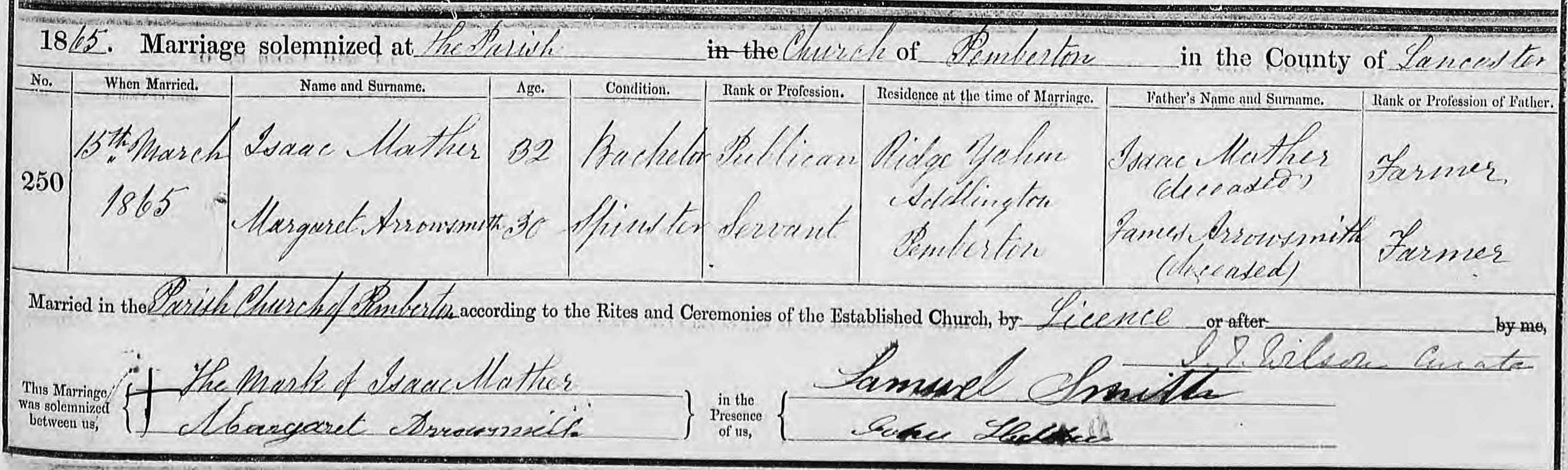 Taken on March 15th, 1865 and sourced from Certificate - Marriage.