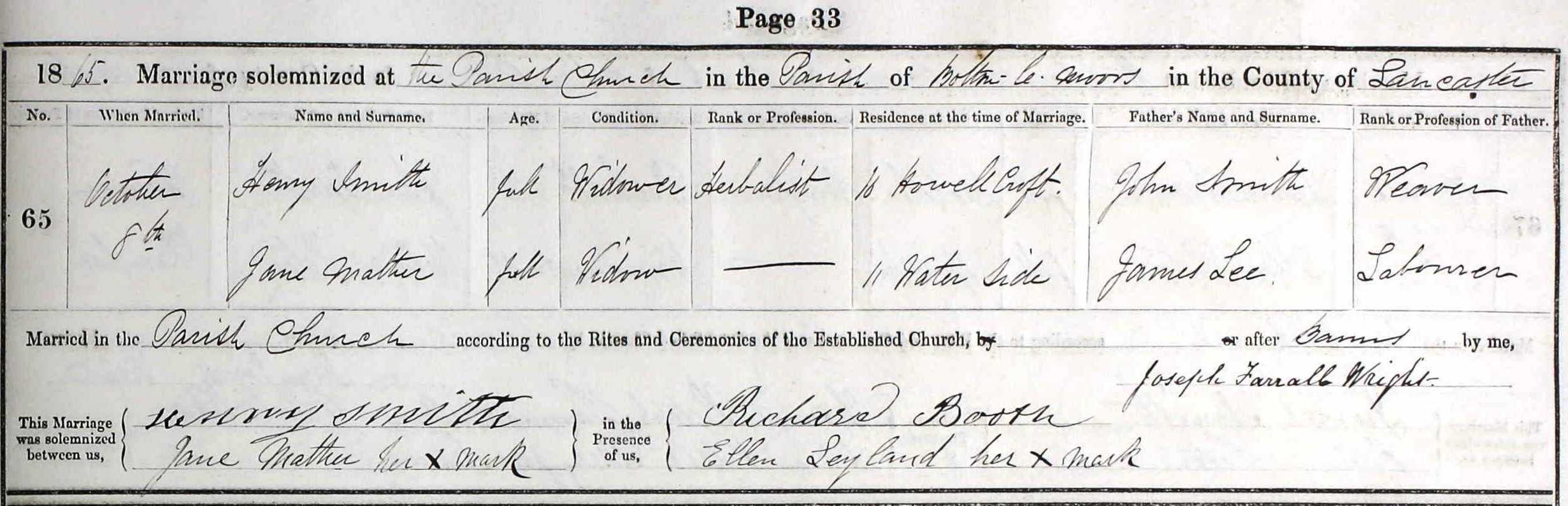 Taken on October 8th, 1865 and sourced from Certificate - Marriage.