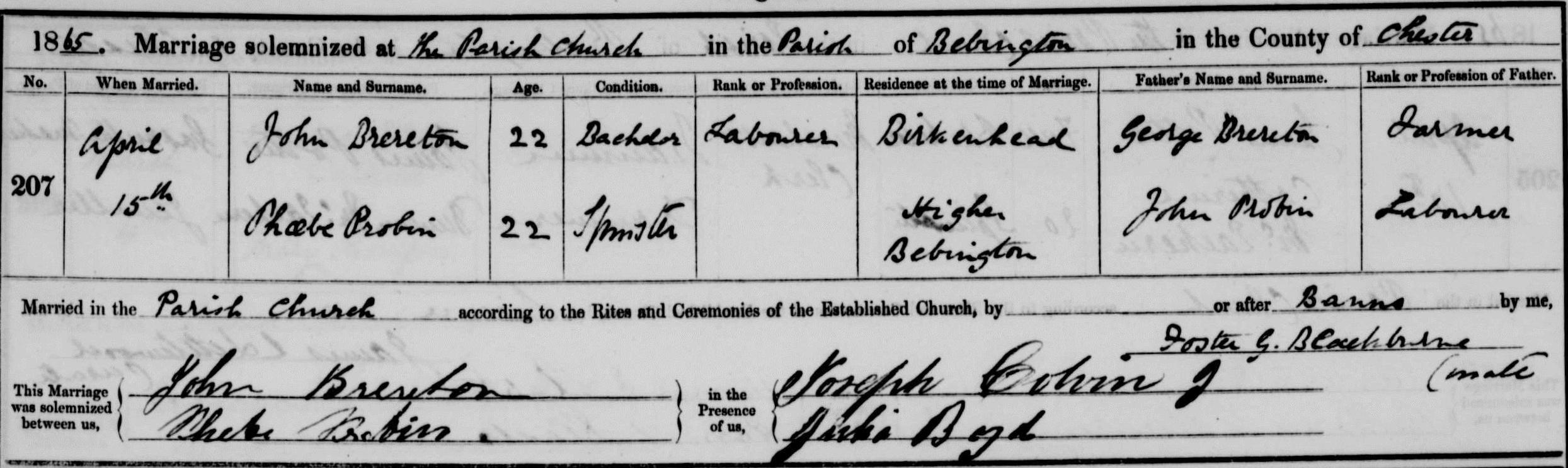 Taken on April 15th, 1865 in Bebington and sourced from Certificate - Marriage.