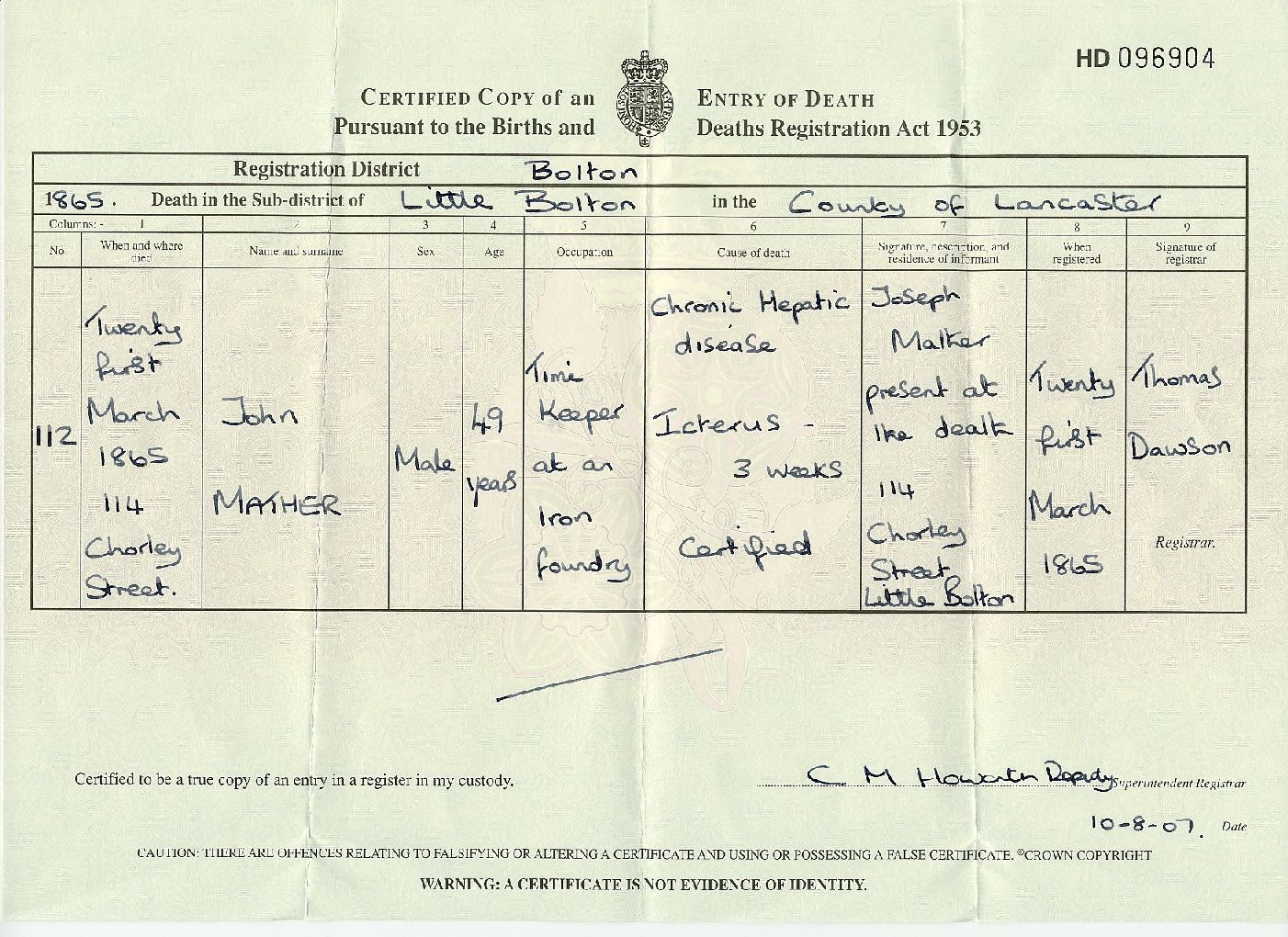 Taken on March 21st, 1865 at 114 Chorley Street and sourced from Certificate - Death.