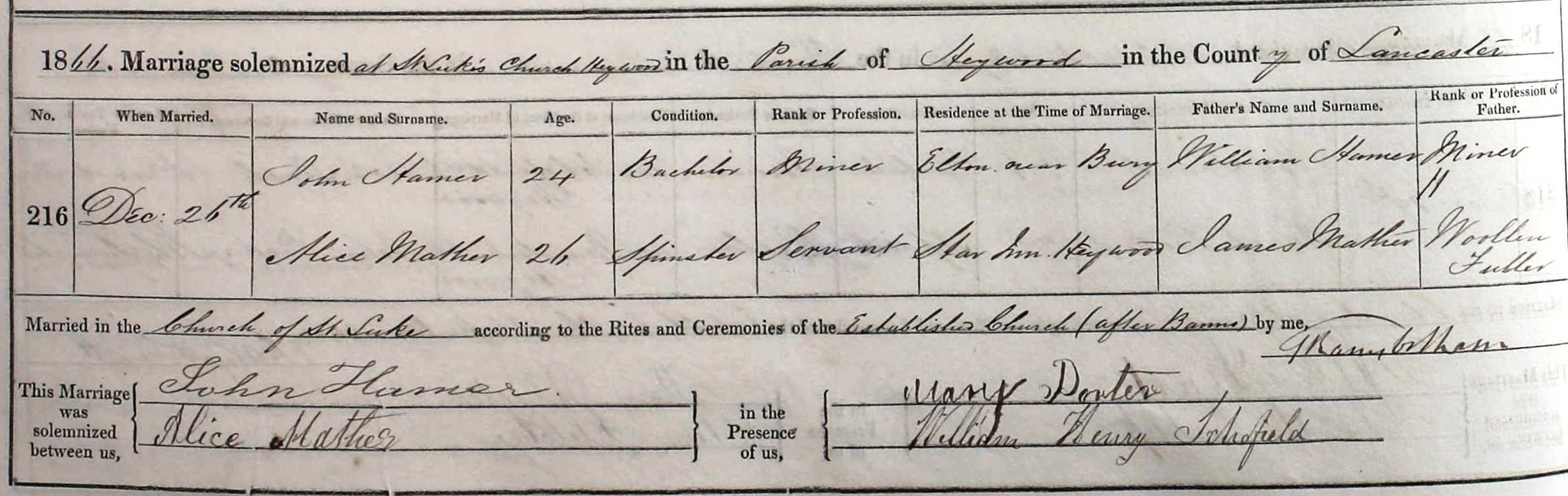 Taken on December 26th, 1866 and sourced from Certificate - Marriage.