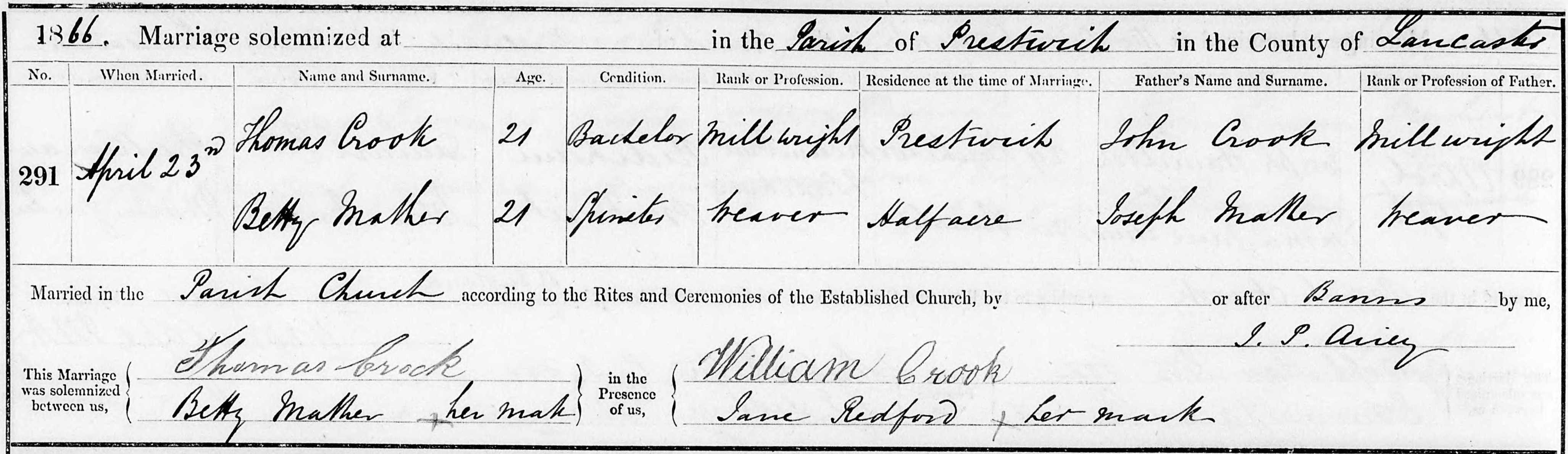 Taken on April 23rd, 1866 and sourced from Certificate - Marriage.