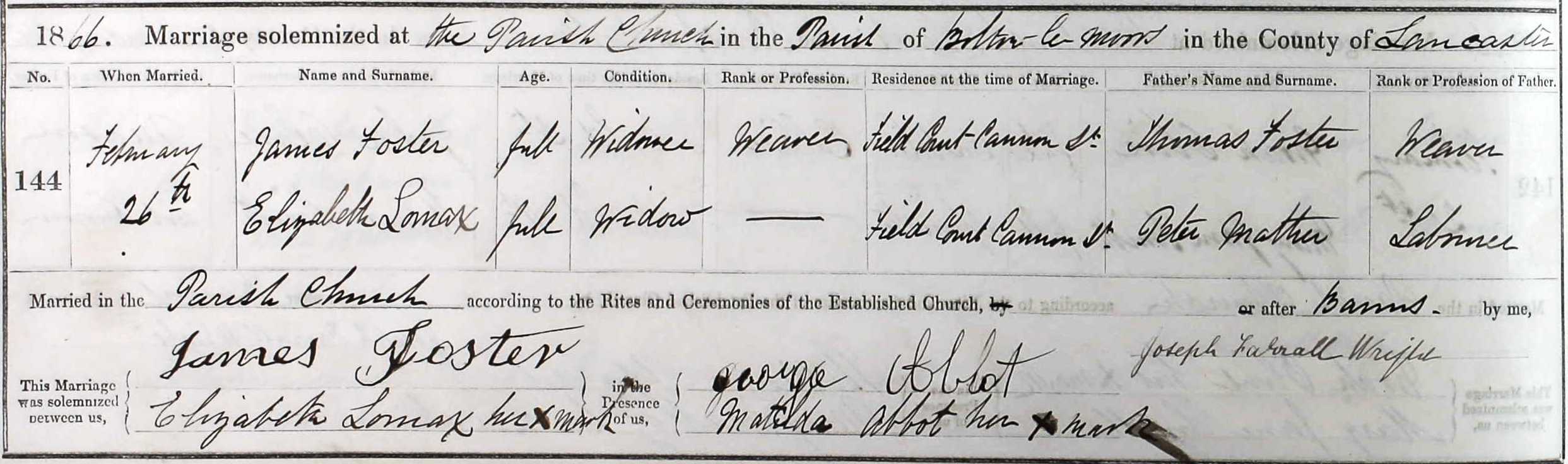 Taken on February 26th, 1866 and sourced from Certificate - Marriage.