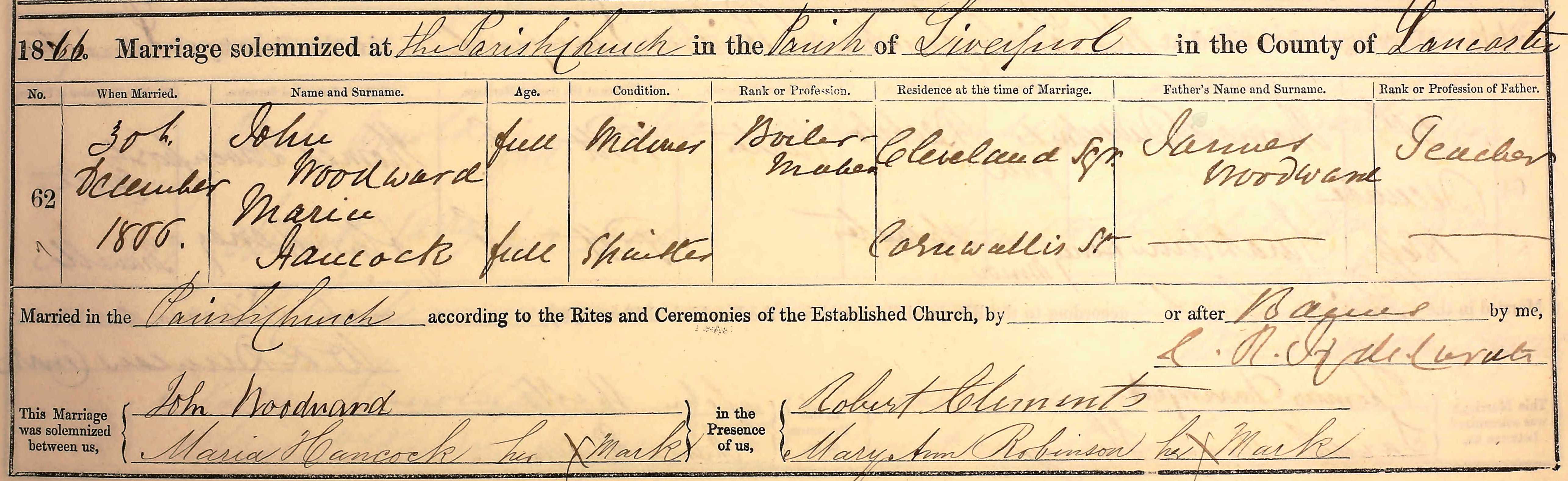 Taken on December 30th, 1866 and sourced from Certificate - Marriage.