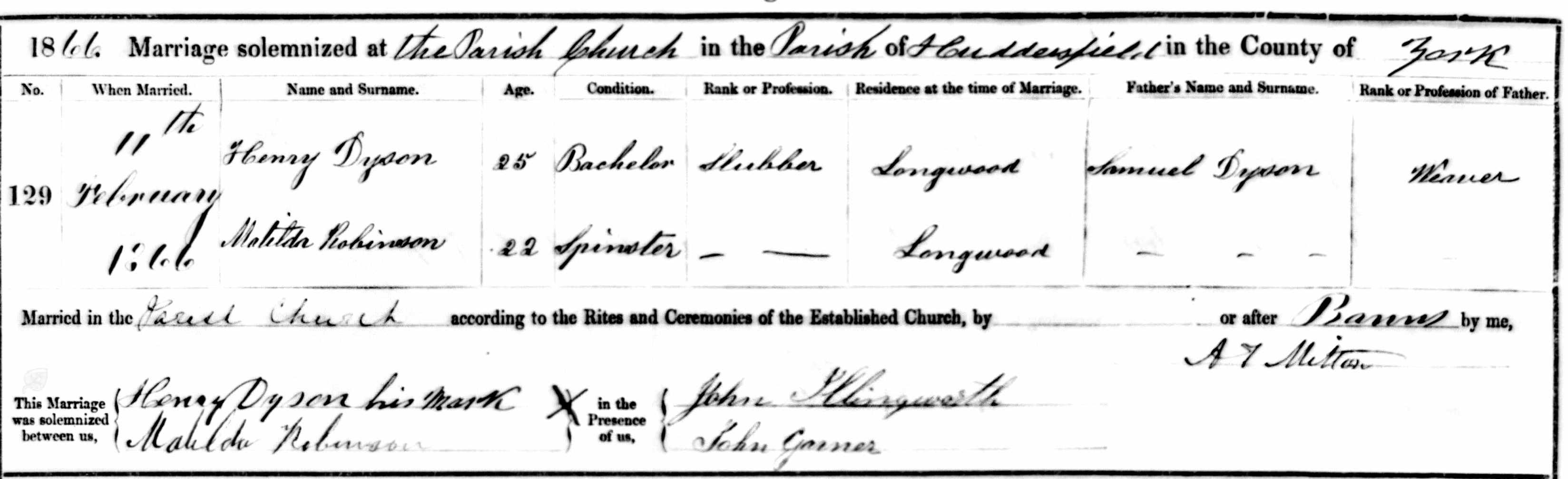 Taken on February 11th, 1866 and sourced from Certificate - Marriage.