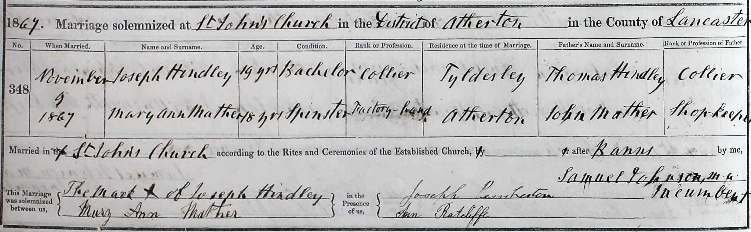 Taken on November 9th, 1867 and sourced from Certificate - Marriage.