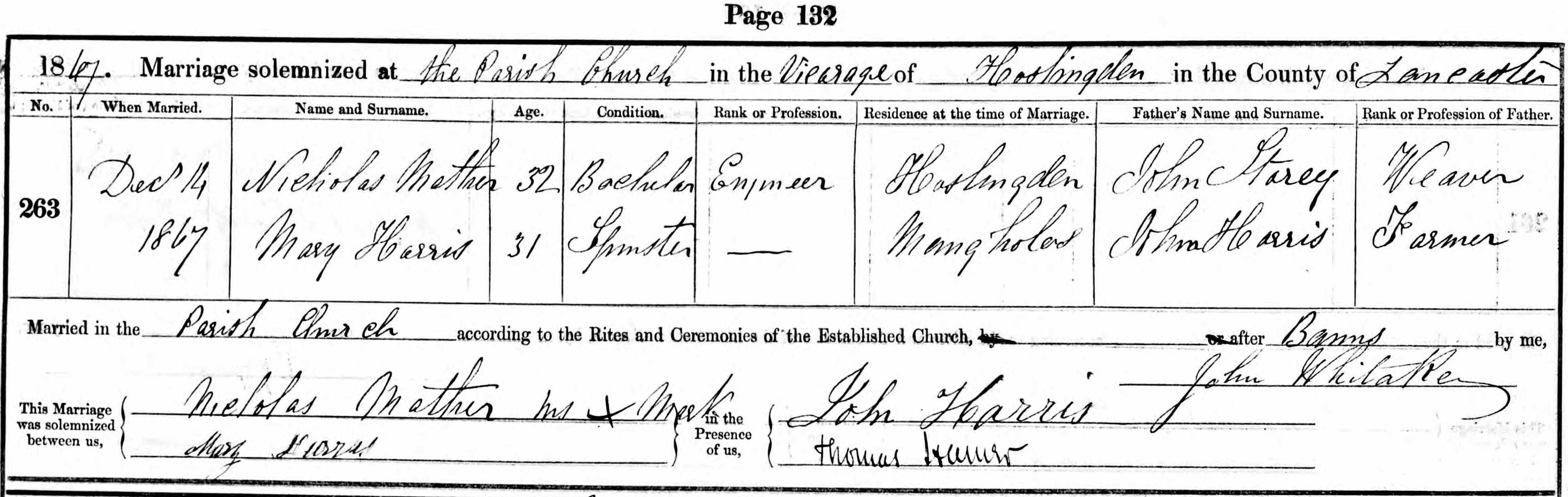 Taken on December 14th, 1867 and sourced from Certificate - Marriage.