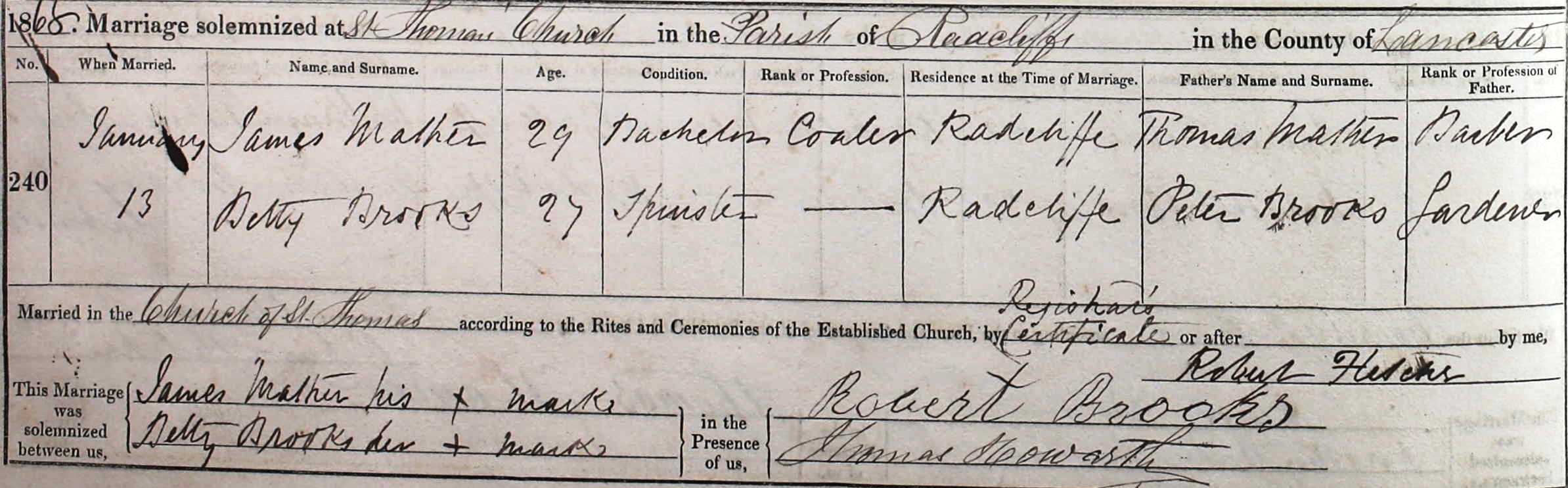 Taken on January 13th, 1868 and sourced from Certificate - Marriage.