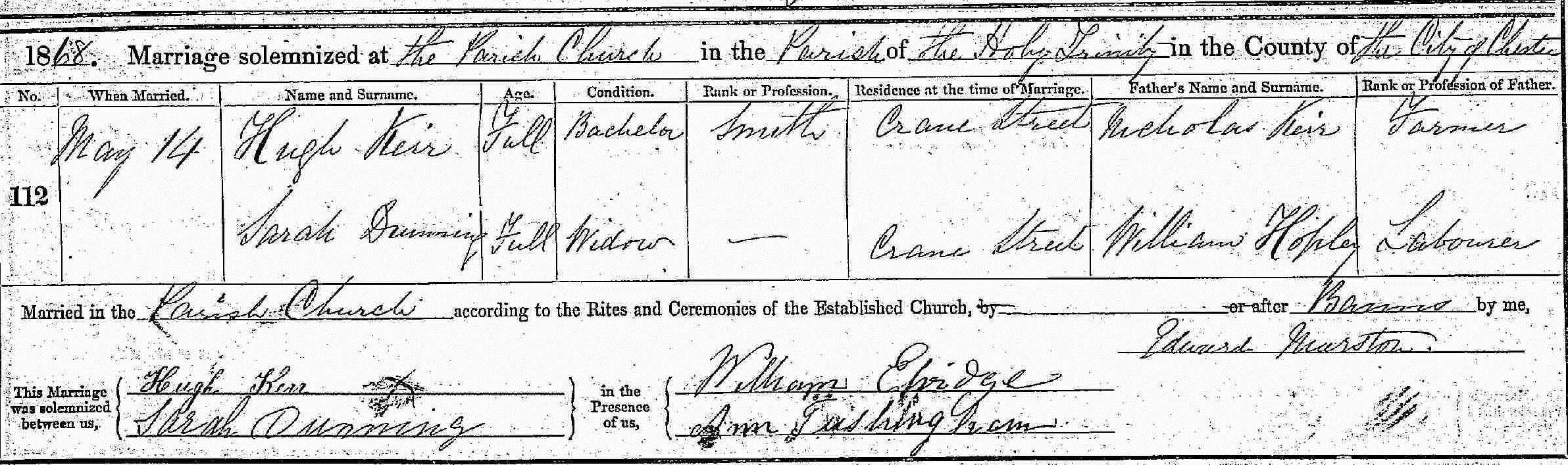 Taken on May 14th, 1868 in Chester and sourced from Certificate - Marriage.