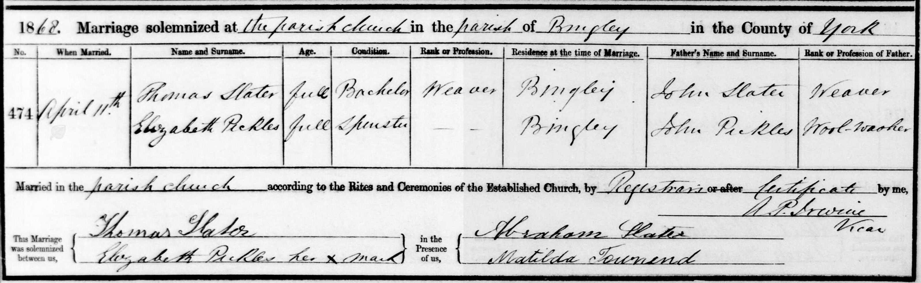 Taken on April 11th, 1868 and sourced from Certificate - Marriage.