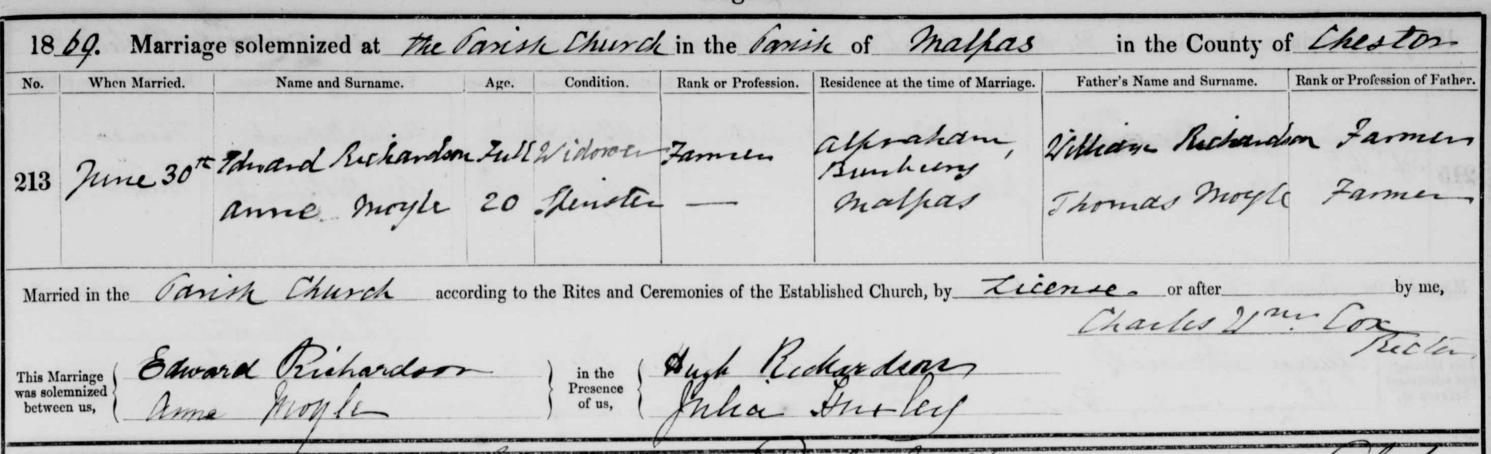 Taken on June 30th, 1869 in Malpas and sourced from Certificate - Marriage.