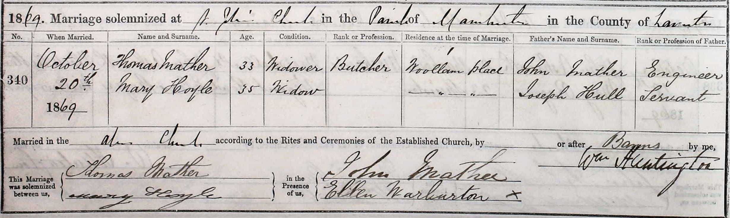 Taken on October 20th, 1869 and sourced from Certificate - Marriage.